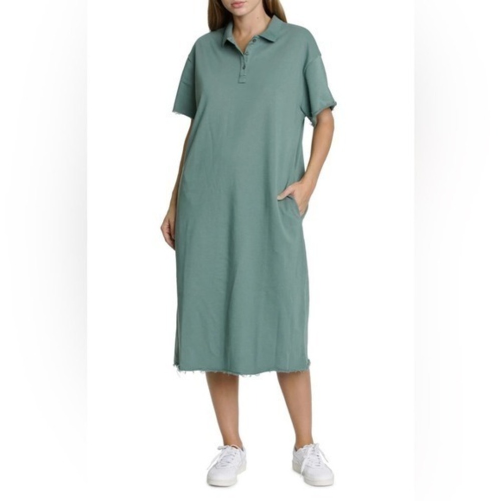 Pistola Pia Raw Hem Cotton Polo Midi Dress in Sagebrush Green Size M NWT